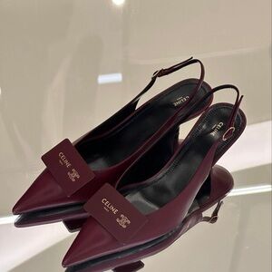 Celine Burgundy Pointed Slingback Heels with Logo Plaque
